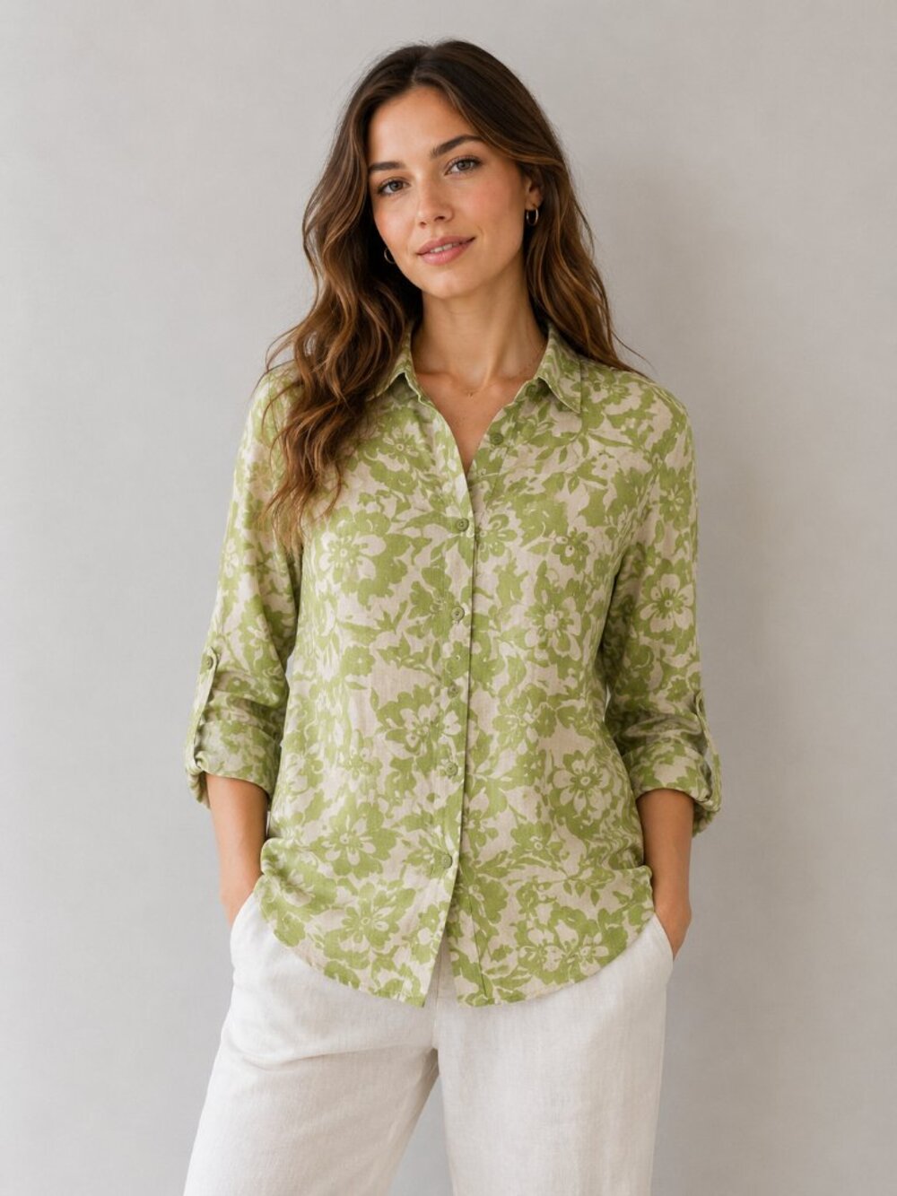 Charter Club 100% Linen Button Front Blouse Women's XL Green Floral Roll Tab
